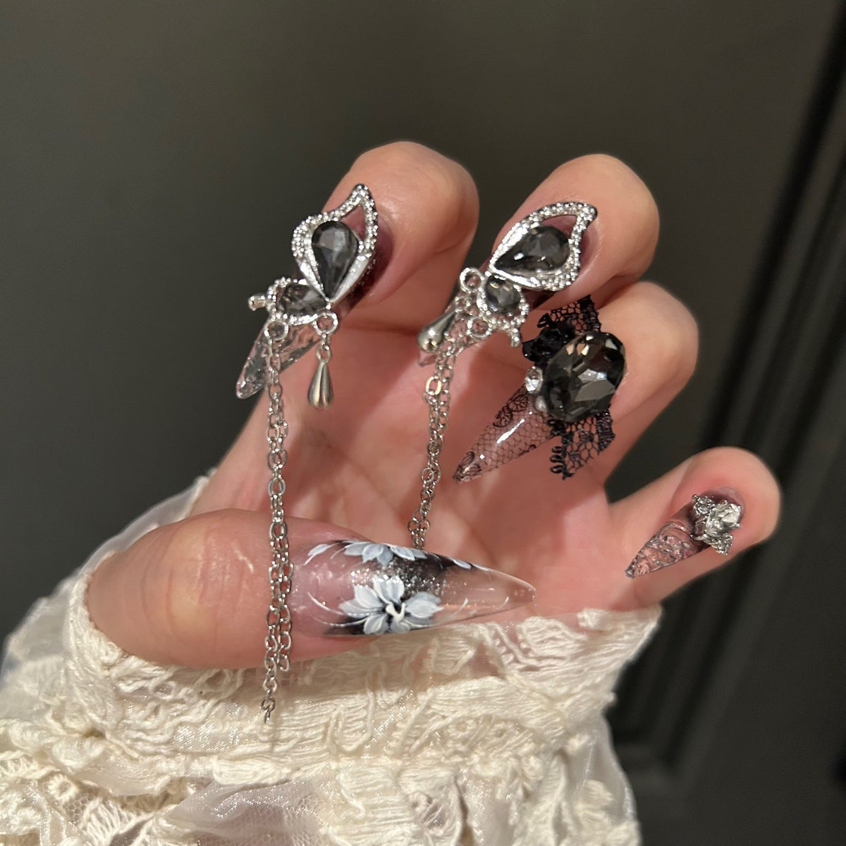 Handmade Smoky Grey Ink Wash Long Stiletto Press On Nails with Black Lace, White Floral & Giant Crystal Charms