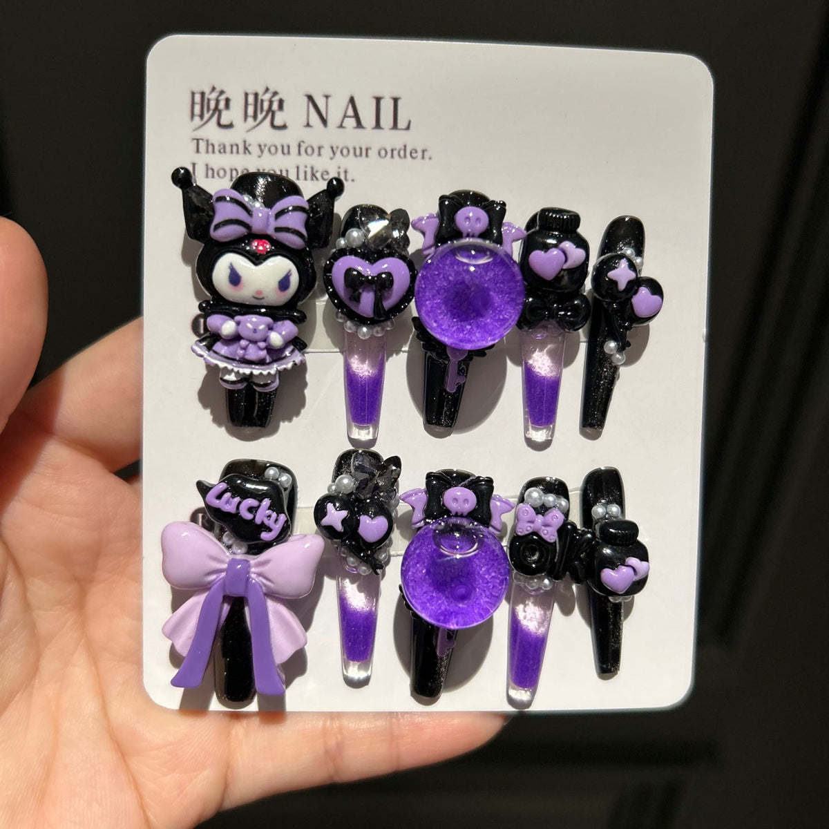 Handmade Black Purple Gradient Long Stiletto Press On Nails with 3D Kuromi, Heart & Shaker Bubble Charms