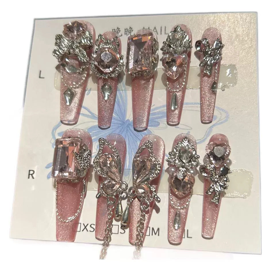 Handmade Pink Glitter Butterfly Crystal Long Coffin Press On Nails with Rhinestone Chains