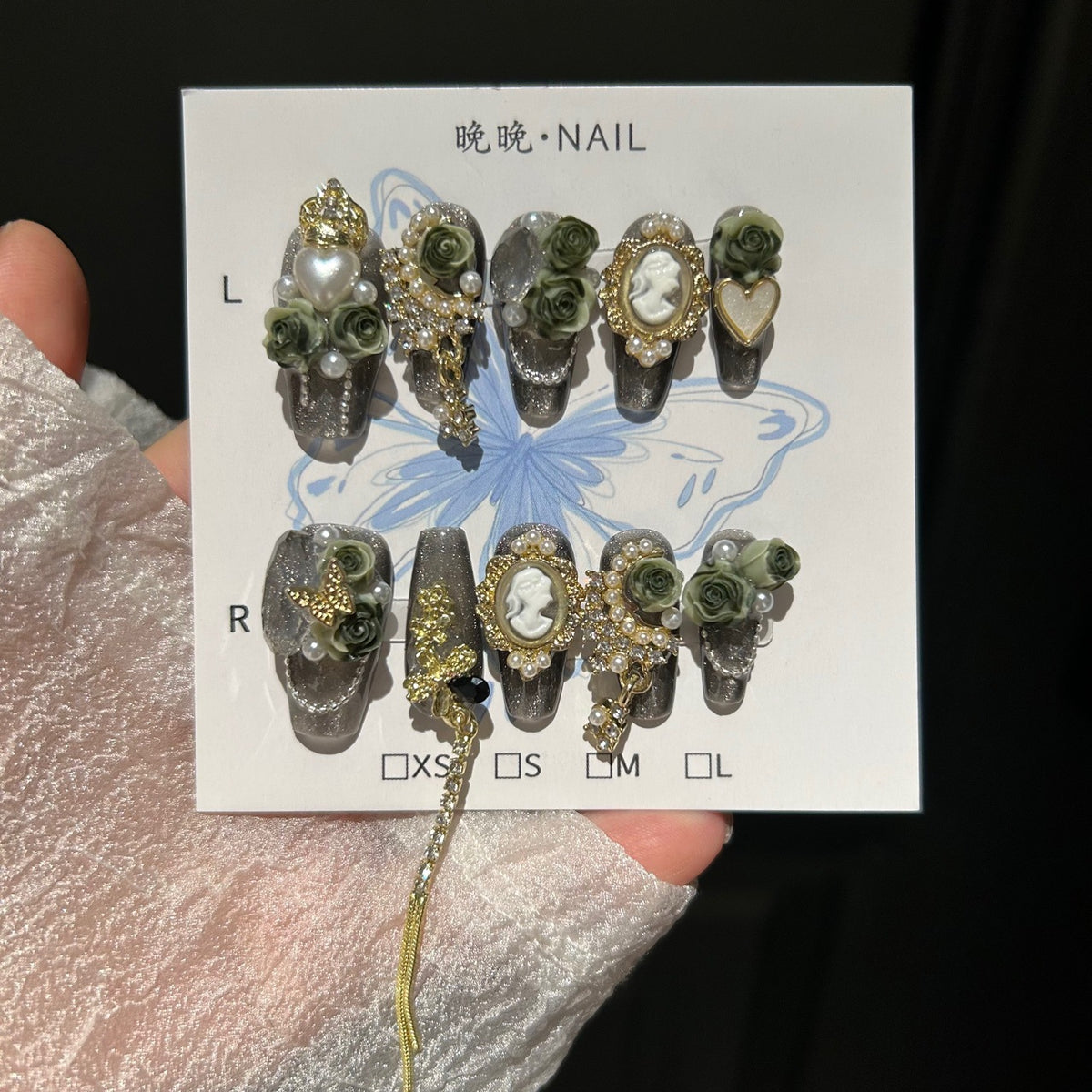 Handmade Vintage Dark Grey Glitter Long Coffin Press On Nails with 3D Olive Green Roses, Cameo Portrait Charms, Gold Metal Ornaments, Pearls & Dangling Tassels