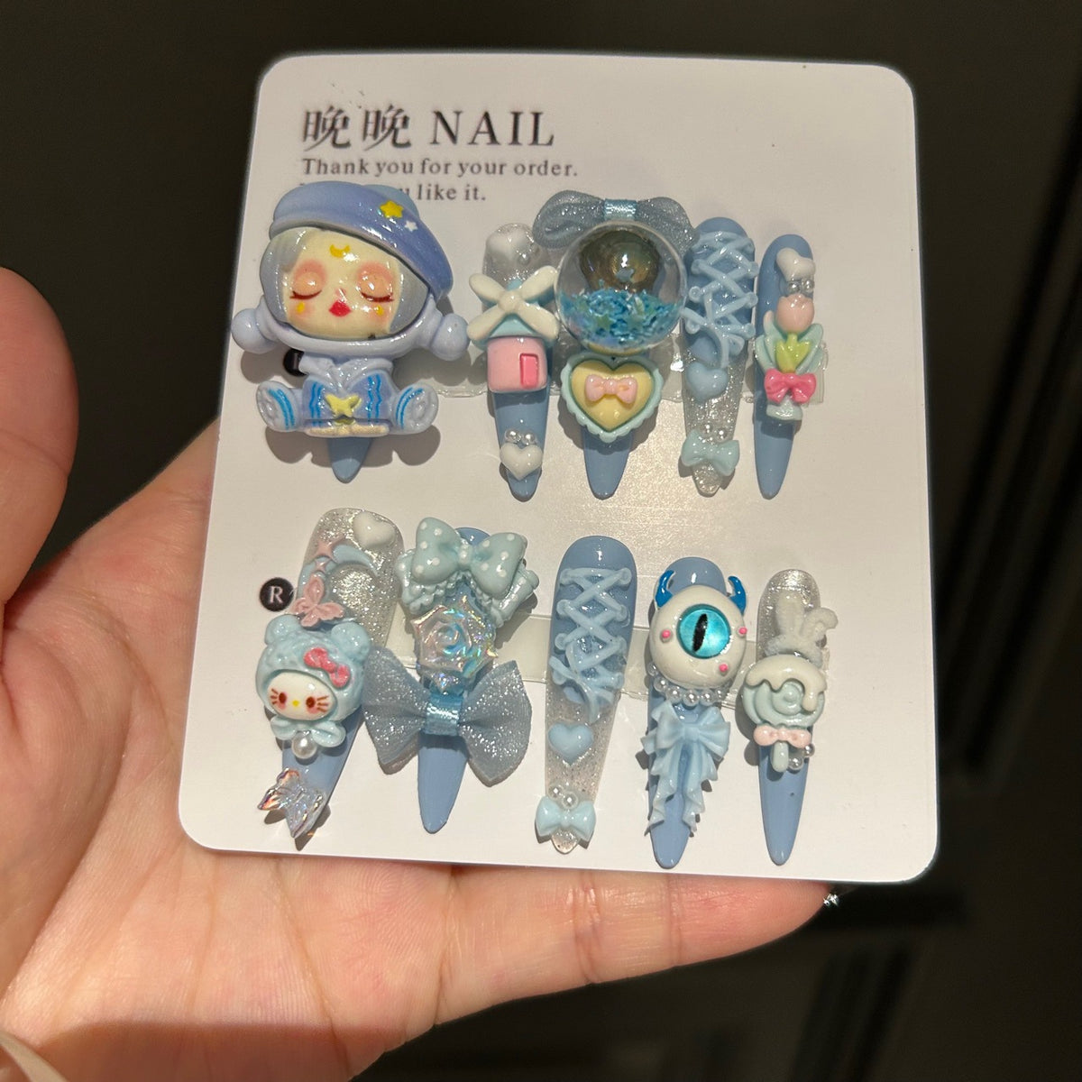 Handmade Blue Kawaii Space Doll Long Stiletto Press On Nails with 3D Resin Charms