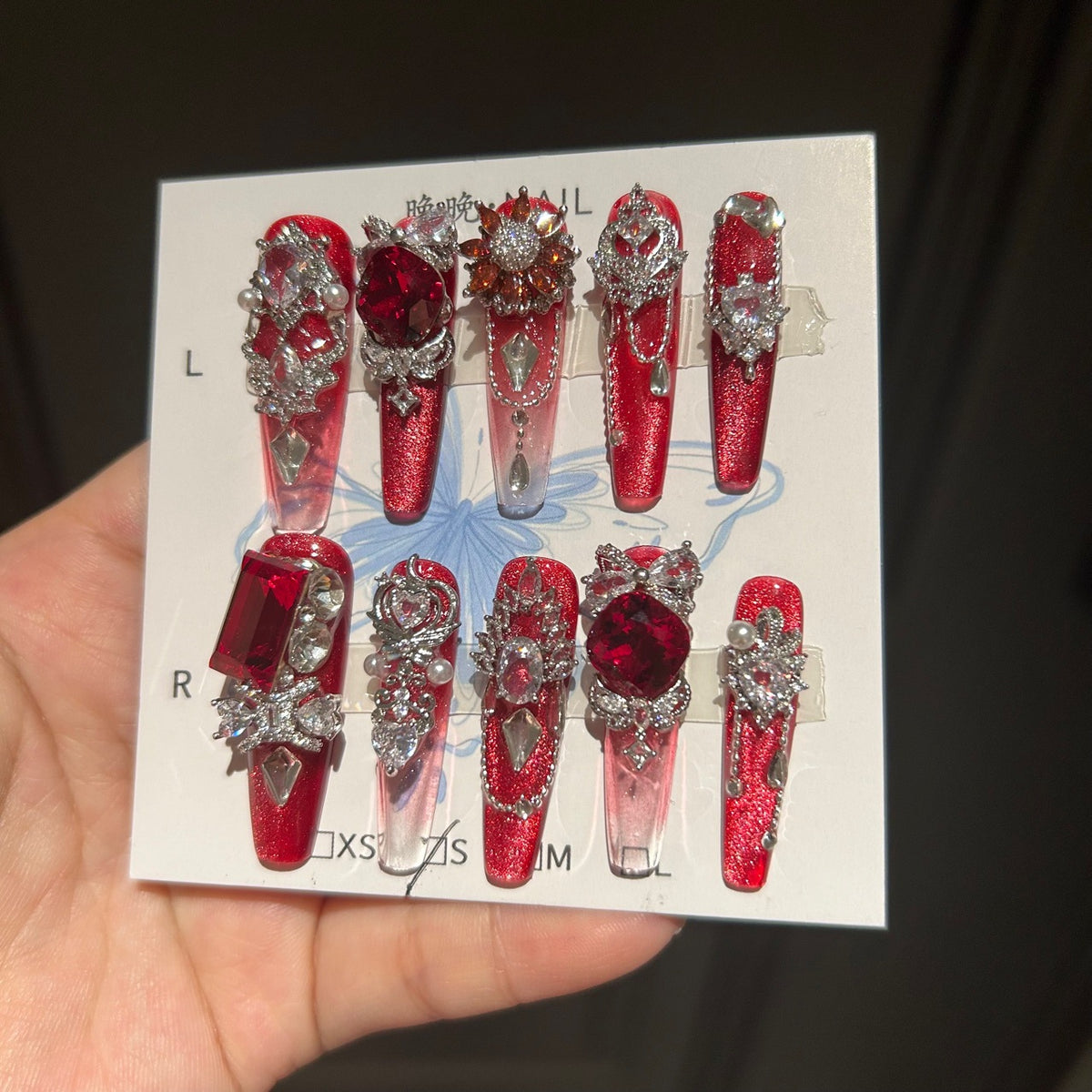 Handmade Red Glitter Gradient Long Coffin Press On Nails with Giant Ruby Crystals, Silver Rhinestone Filigree & Pearl Accents