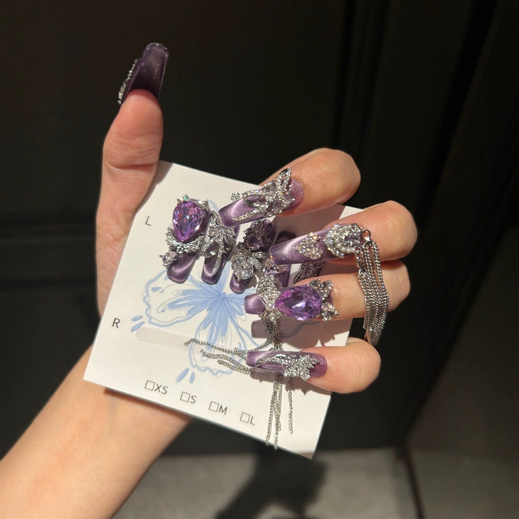 Handmade Purple Metallic Long Square Press On Nails with Giant Teardrop Purple Crystals, Silver Rhinestone Bows, Crown Charms & Long Tassel Chains