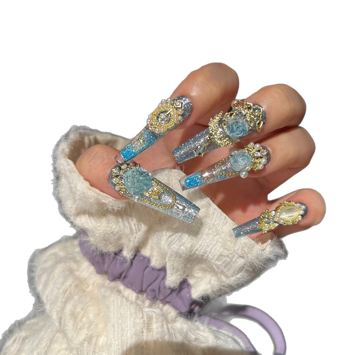 Handmade Sparkly Blue Rose Gold Long Coffin Press On Nails with Pearls & Dangling Chains