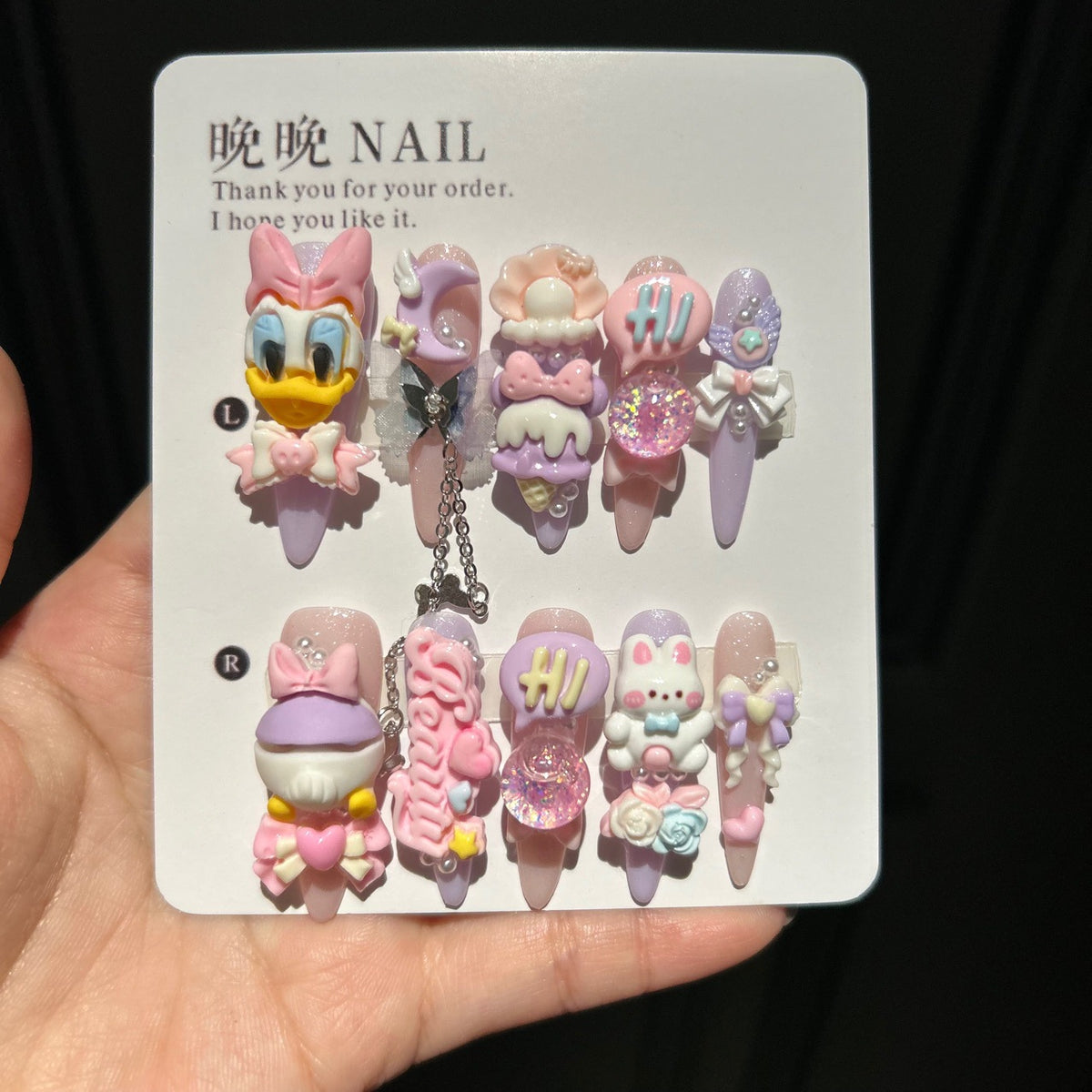 Pastel Purple & Pink Stiletto Press-on Nails with 3D Daisy Duck, Cute Bunny, Ice Cream, Speech Bubble, and Interlinked Chain - Y2K Kawaii Fake Nail Set