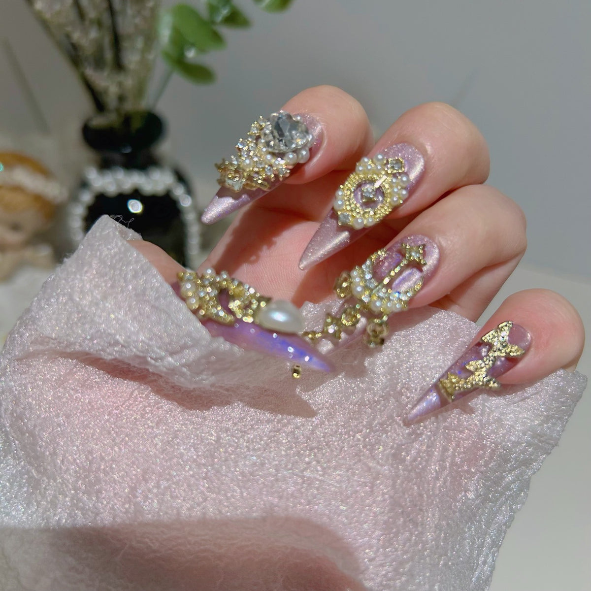 Mauve Purple Cat Eye Stiletto Press-on Nails with Luxury Gold Baroque Crown, Oversized Pearl, Cross, and Draping Chain - Vintage Royal Fake Nail Set