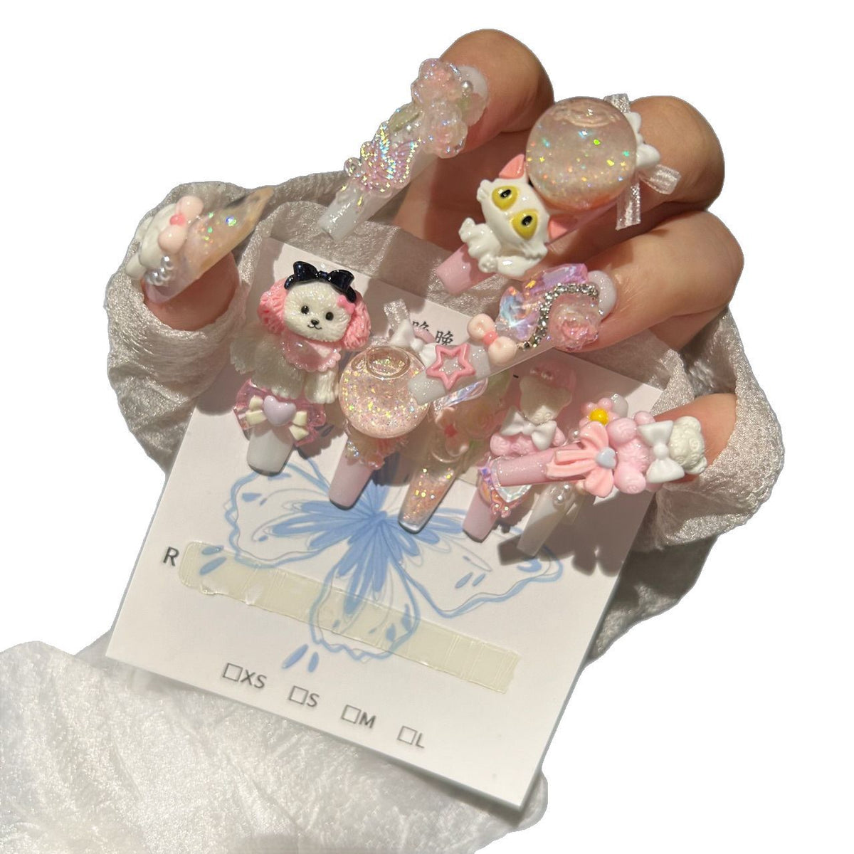 Handmade Kawaii Pink White Press On Nails, Long Stiletto Sweet False Nails with 3D Puppy, Bunny, Bear Doll Charms, Glitter Bubble Ball & Bow Rhinestones, Reusable Fake Nails for Cosplay Party
