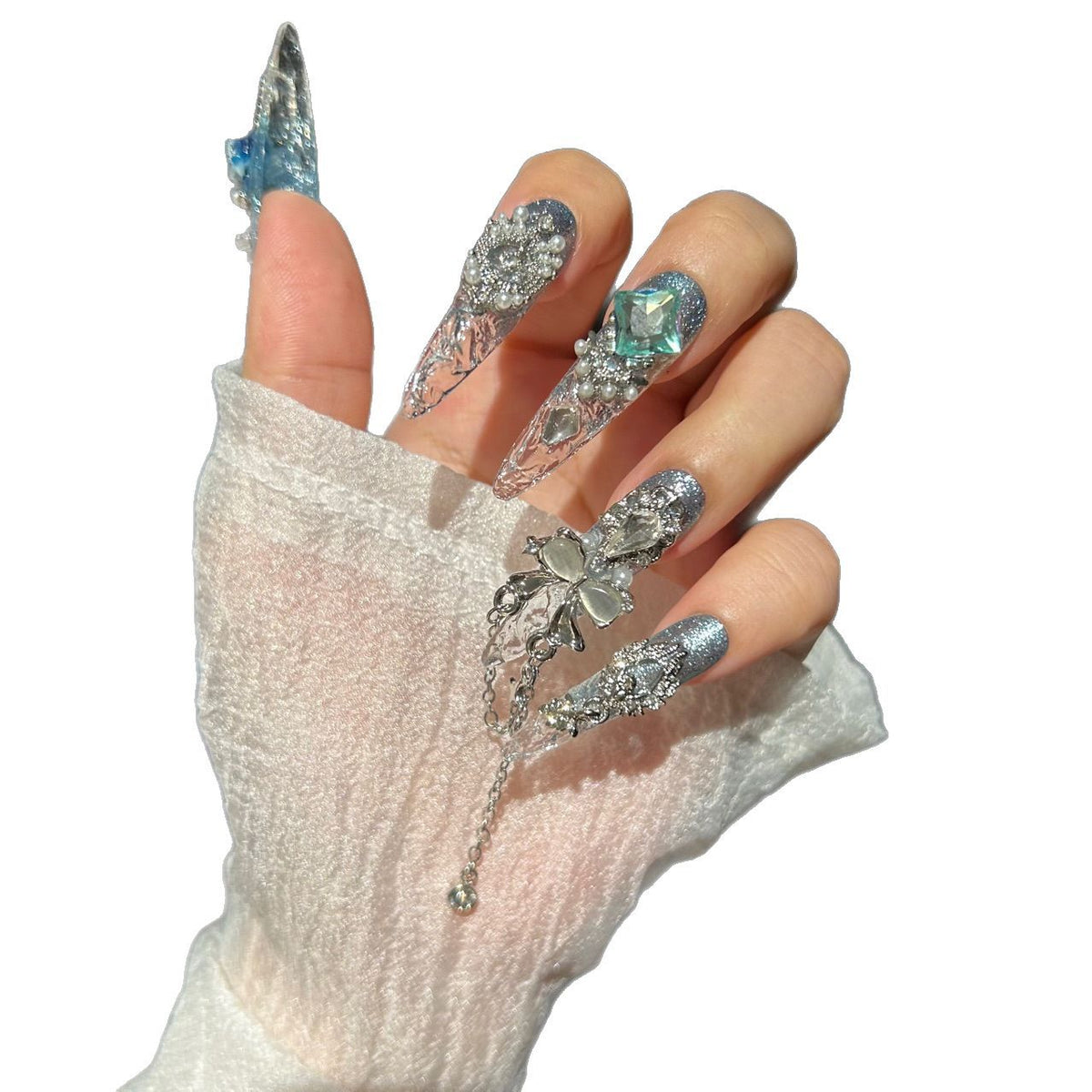 Handmade Blue Glitter Gradient Long Stiletto Press On Nails with 3D Blue Roses, AB Crystals & Dangling Chain Charms