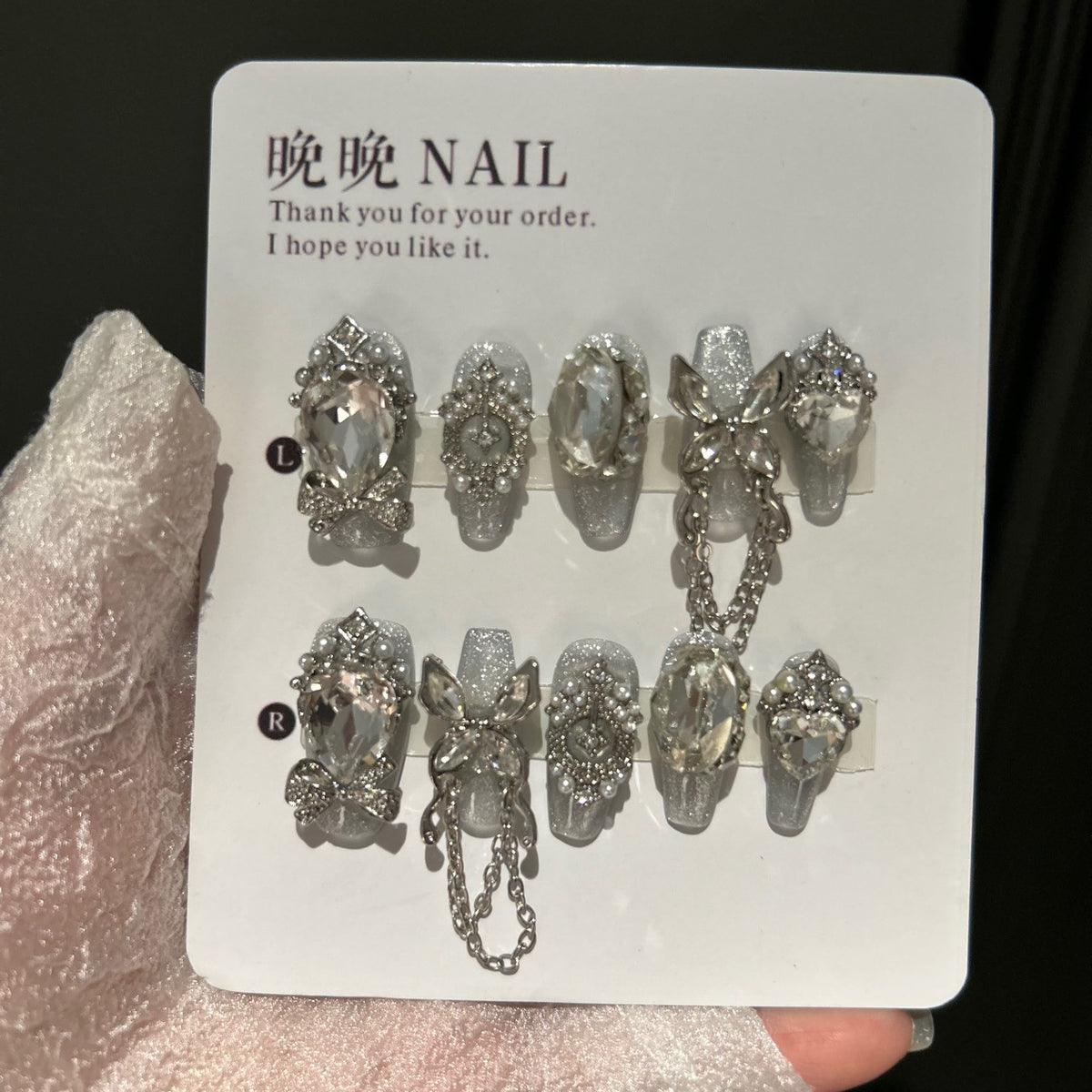 Handmade Silver Glitter Long Coffin Press On Nails with Giant Crystals, Rhinestone Bows & Dangling Chain Charms