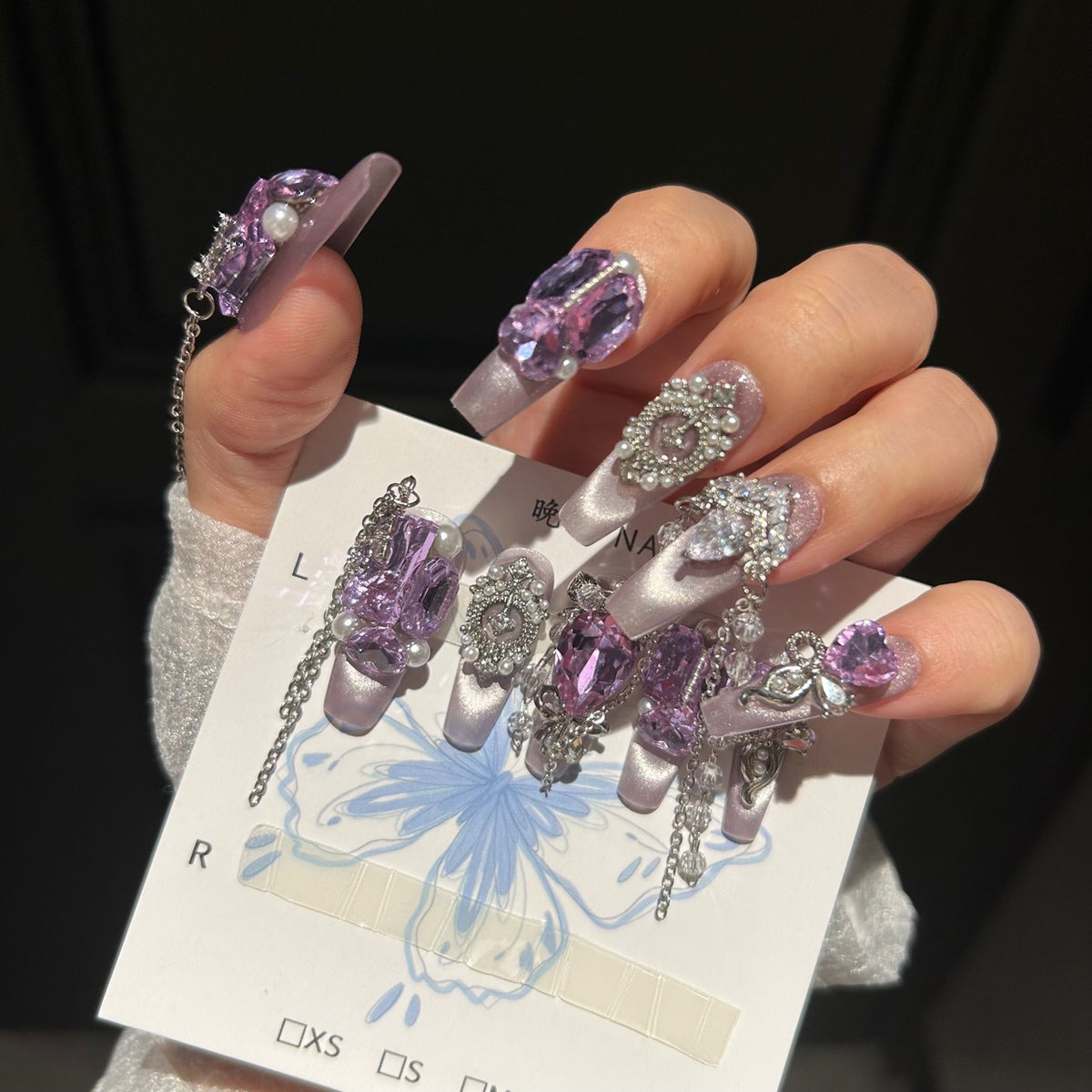 Handmade Light Lavender Cat Eye Long Coffin Press On Nails with Giant Purple Heart & Rectangle Crystals, Silver Rhinestone Bow Charms, Pearls & Dangling Chains