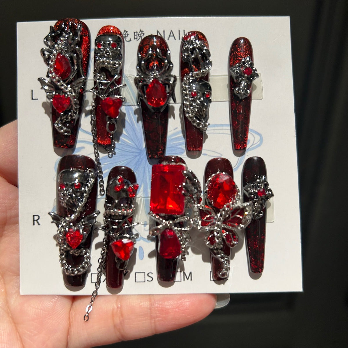 Handmade Dark Red Glitter Long Coffin Press On Nails with Black Metal Skull & Dragon Charms, Giant Red Crystals & Silver Chain Tassels