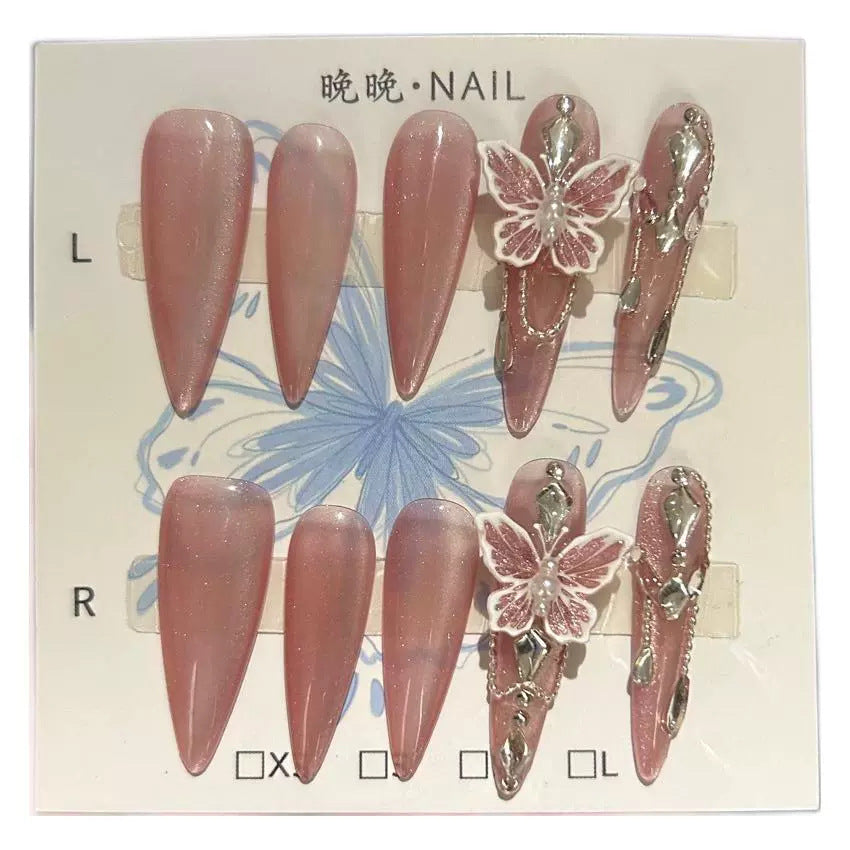 Handmade Dusty Pink Pearl Cat Eye Long Stiletto Press On Nails with Pink Glitter Butterfly Charms, Silver Rhinestones & Delicate Dangling Chains