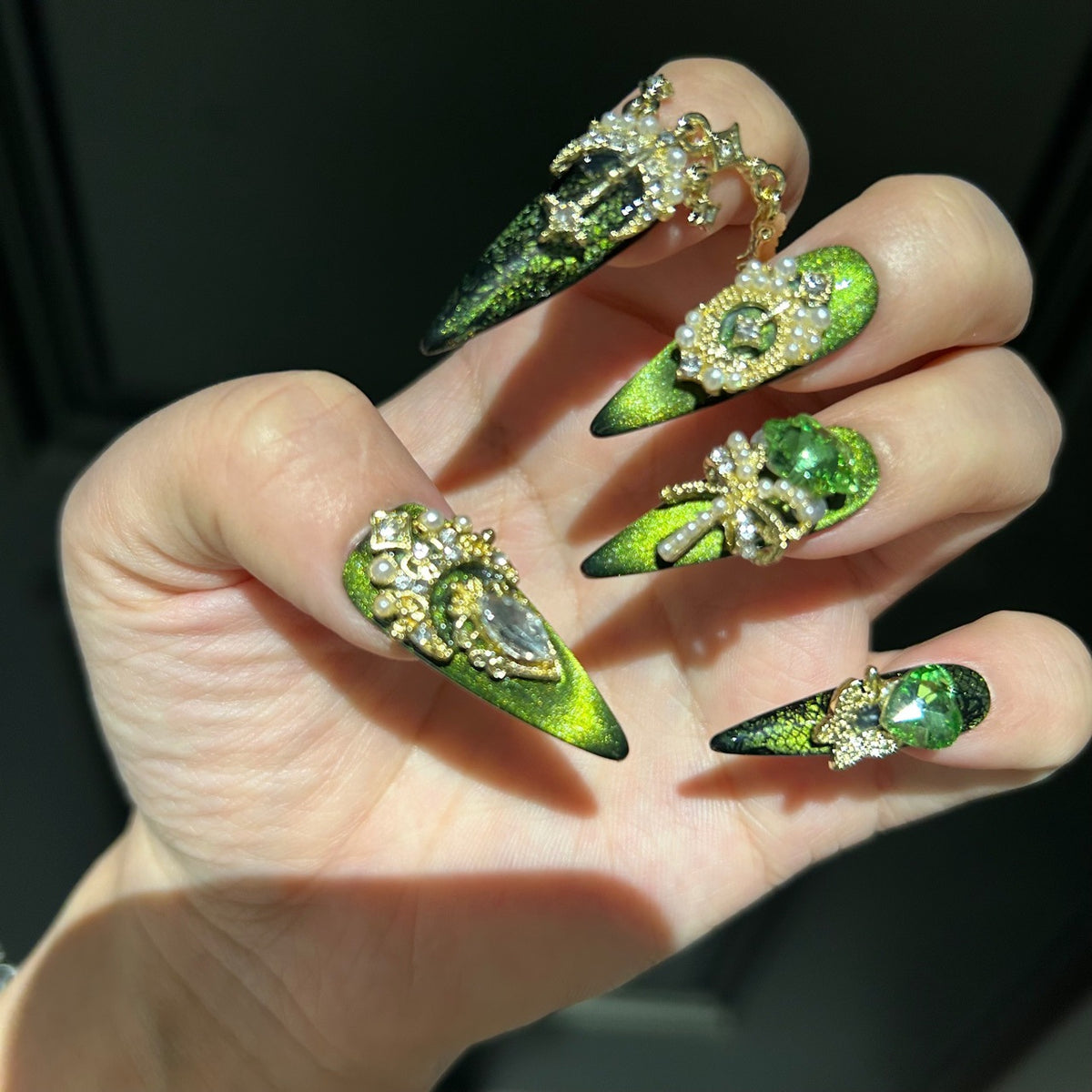 Handmade Emerald Green Cat Eye Long Stiletto Press On Nails with Giant Green Heart & Star Crystals, Gold Filigree & Pearl Ornaments