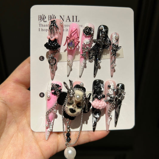 Handmade Pink Black Ombre Long Stiletto Press On Nails, Gothic Bunny Skull Spider False Nails with 3D Rose, Pearls & Dangling Chains