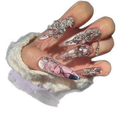 Handmade Pink Anime Portrait Long Stiletto Press On Nails, Pink Crystal False Nails with Silver Bow, Pearls & Dangling Chains
