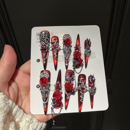 Handmade Red Black Metallic Long Stiletto Press On Nails with 3D Red Roses, Snake Charms, Red Crystals, Silver Rhinestones & Dangling Metal Chains