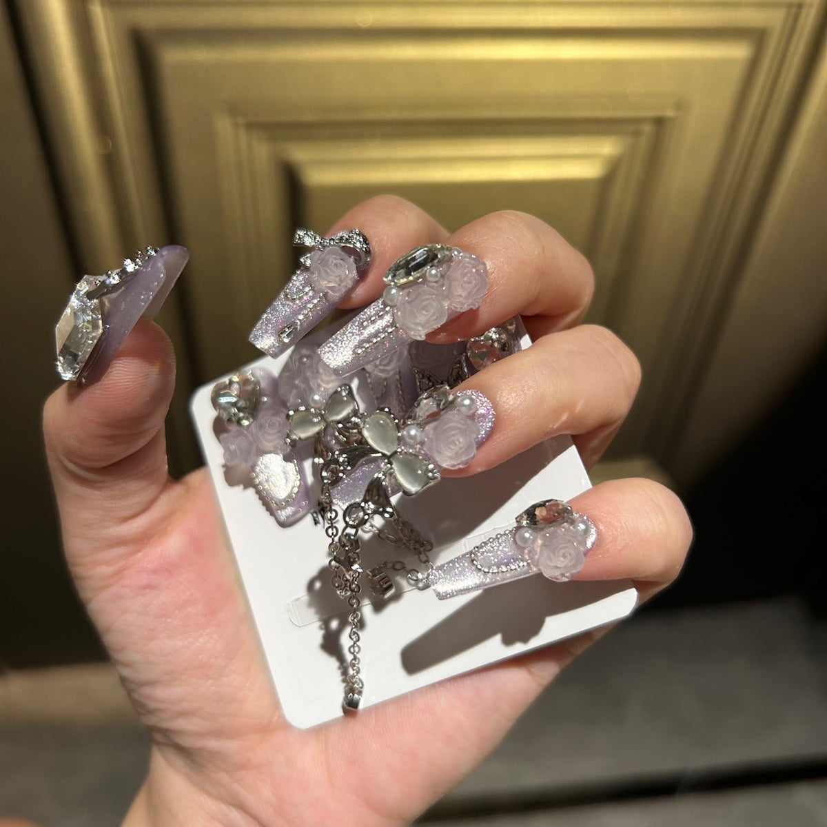 Handmade Pale Lavender 3D Rose Long Coffin Press On Nails with Bow, Crystals & Dangling Chains
