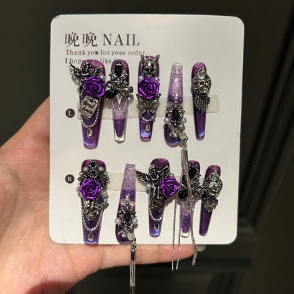 Dark Purple Cat Eye Coffin Press-on Nails with 3D Purple Rose, Angel, Skull Charms, and Good Luck Tag - Gothic Glam Fake Nail Set