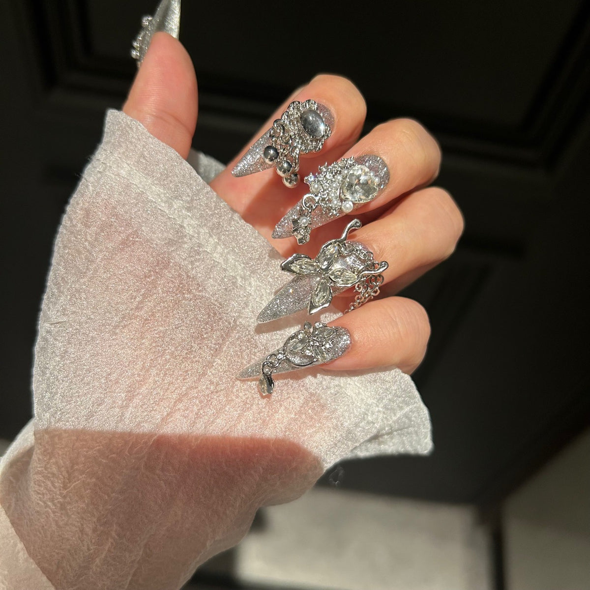 Handcrafted Designer Silver Press-on Nails - Shimmering Cat Eye Base with Heavy 3D Crystals, Pearls and Interconnected Chains