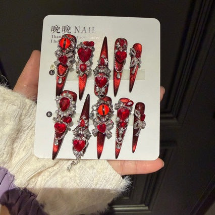 Handmade Red Evil Eye Press On Nails | Luxury Heavy Industry Rhinestone & 3D Heart Reusable Fake Nails, Dark Goth Red Cat Eye Nail Art