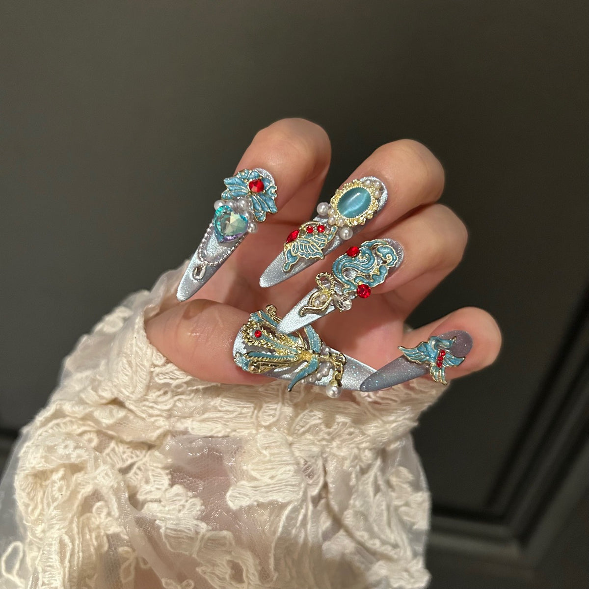Handmade Silver Cat Eye Long Stiletto Press On Nails with Vintage Chinese Style Gold & Teal Metal Charms, Red Rhinestones, Cat Eye Gem & Pearls