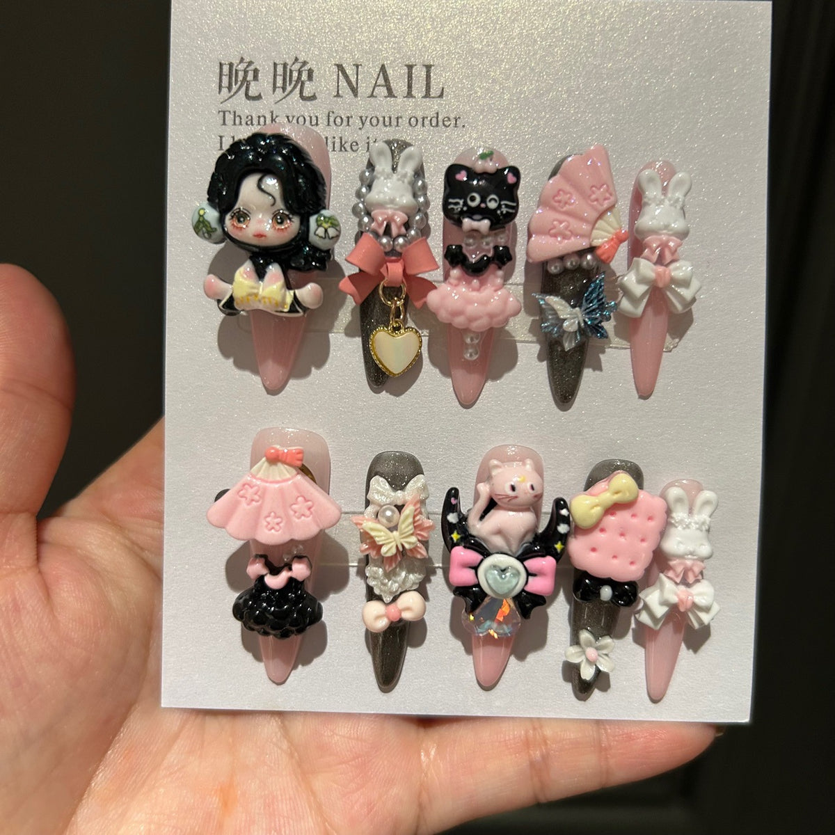 Handmade Kawaii Pink Long Stiletto Press On Nails with 3D Doll, Bunny & Black Cat Charms, Fan & Bow Decorations