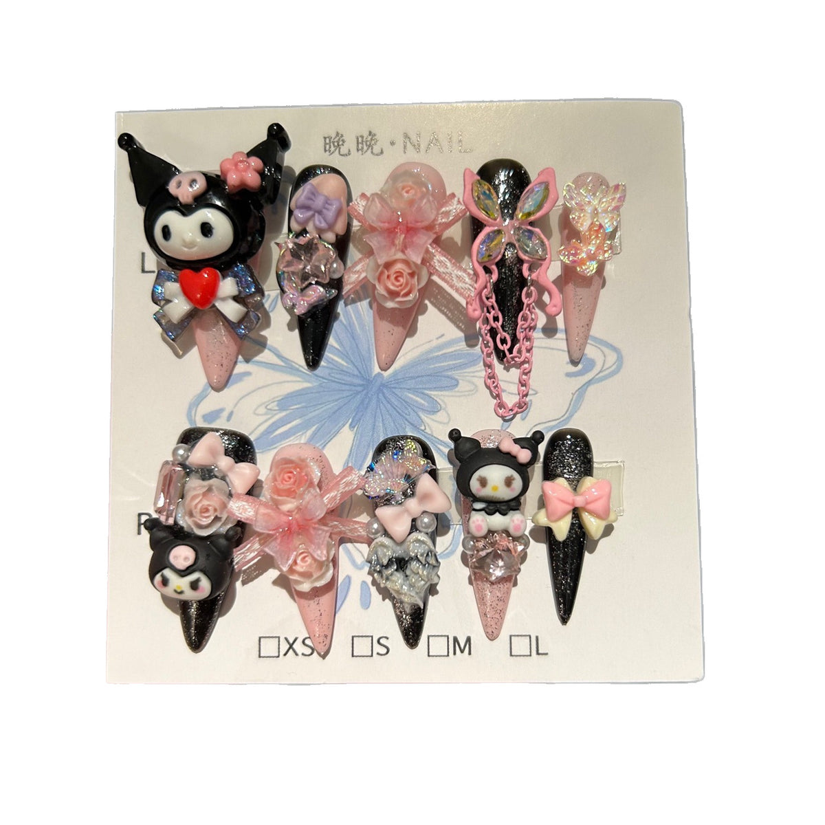 Black & Pink Stiletto Press-on Nails with 3D Kuromi, My Melody, Pink Roses, Iridescent Bow, and Chain Drop - Y2K Sanrio Kawaii Fake Nail Set