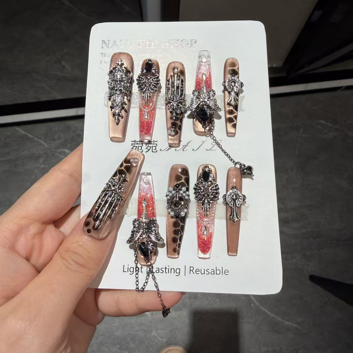 Handmade Leopard Print Champagne Long Coffin Press On Nails with Vintage Silver Cross, Wing & Dangling Chain Charms