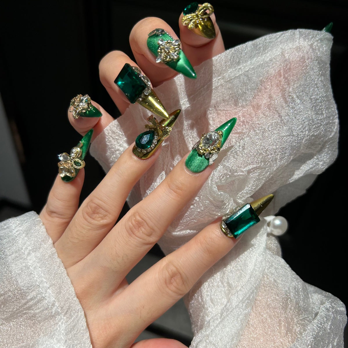 Handmade Emerald Green Metallic Long Stiletto Press On Nails with Giant Emerald Crystals, Gold Bow & Rhinestone Ornaments