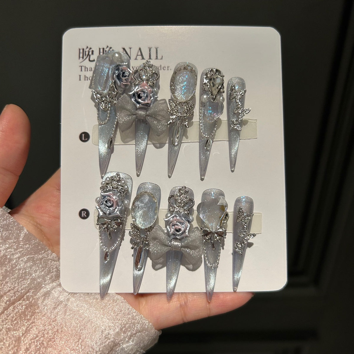 Handmade Silver Cat Eye Long Stiletto Press On Nails with 3D Silver Roses, Crown Charms, Glitter Bow, Butterfly Rhinestones & Pearls