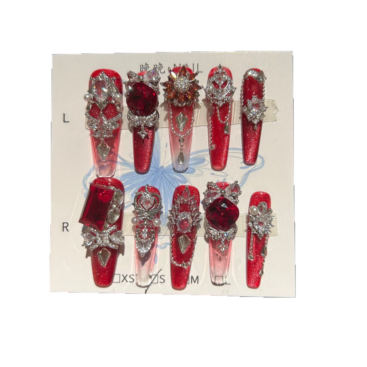 Handmade Red Glitter Gradient Long Coffin Press On Nails with Giant Ruby Crystals, Silver Rhinestone Filigree & Pearl Accents
