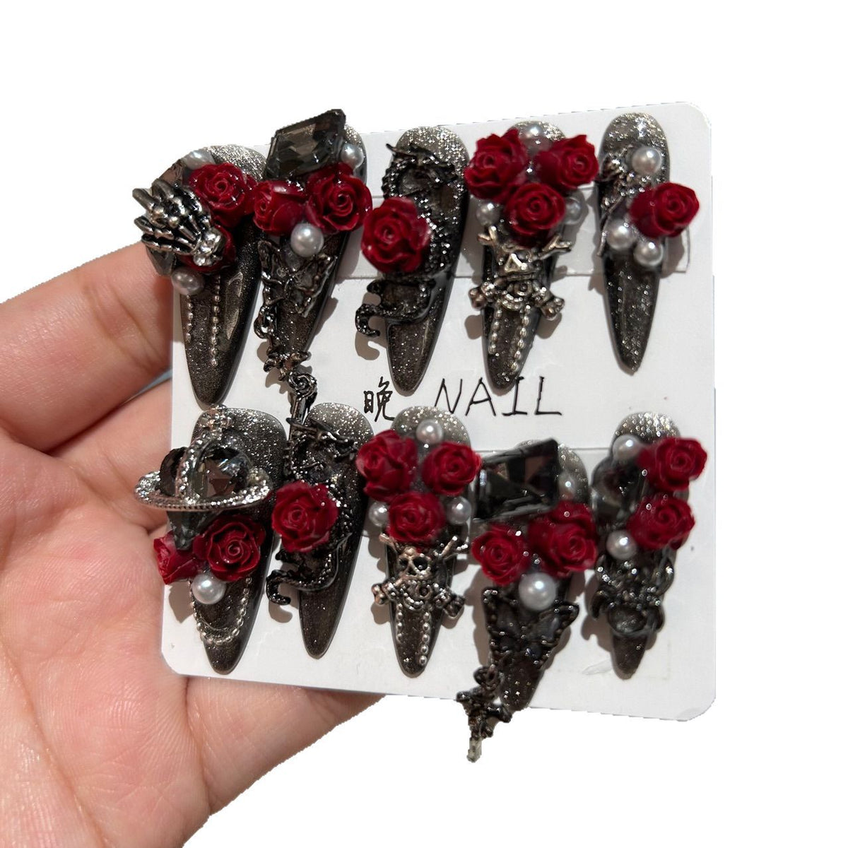 Handcrafted Designer Dark Aesthetic Press-on Nails - Shimmering Cat Eye Base with Heavy 3D Red Roses, Skull Art and Crystals