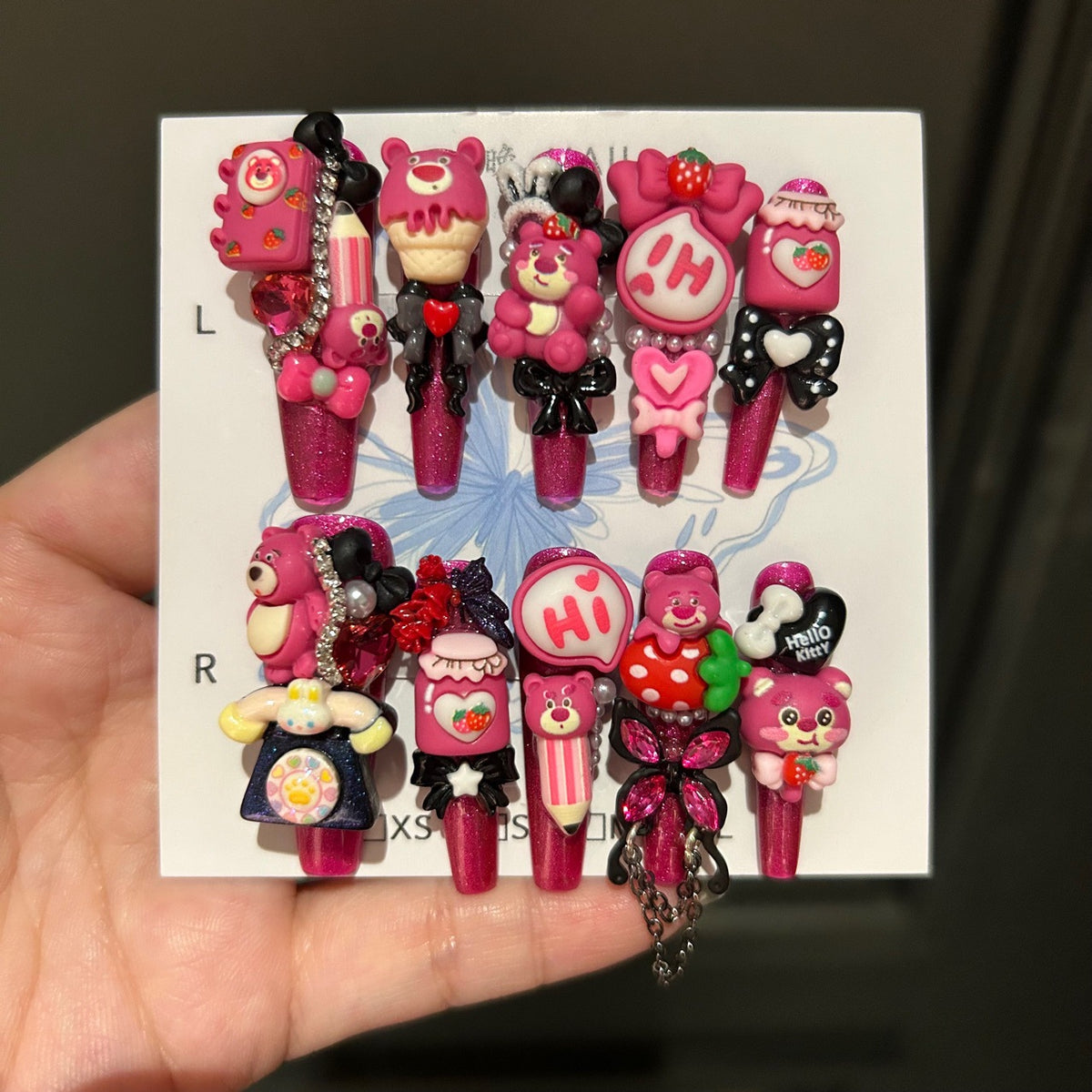 Hot Pink Glitter Coffin Press-on Nails with 3D Lotso Bear, Retro Telephone, Strawberry Ice Cream, Speech Bubble, and Interlinked Chain - Y2K Kawaii Fake Nail Set