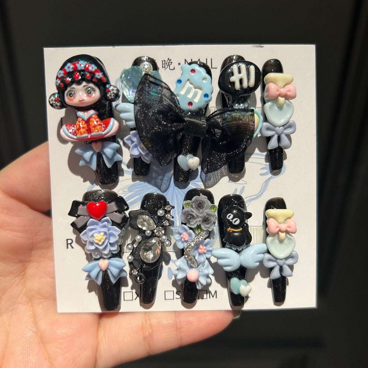 Handmade Black Glitter Long Stiletto Press On Nails with 3D Chinese Style Doll, Big Black Bow, Flower & Cute Cartoon Charms