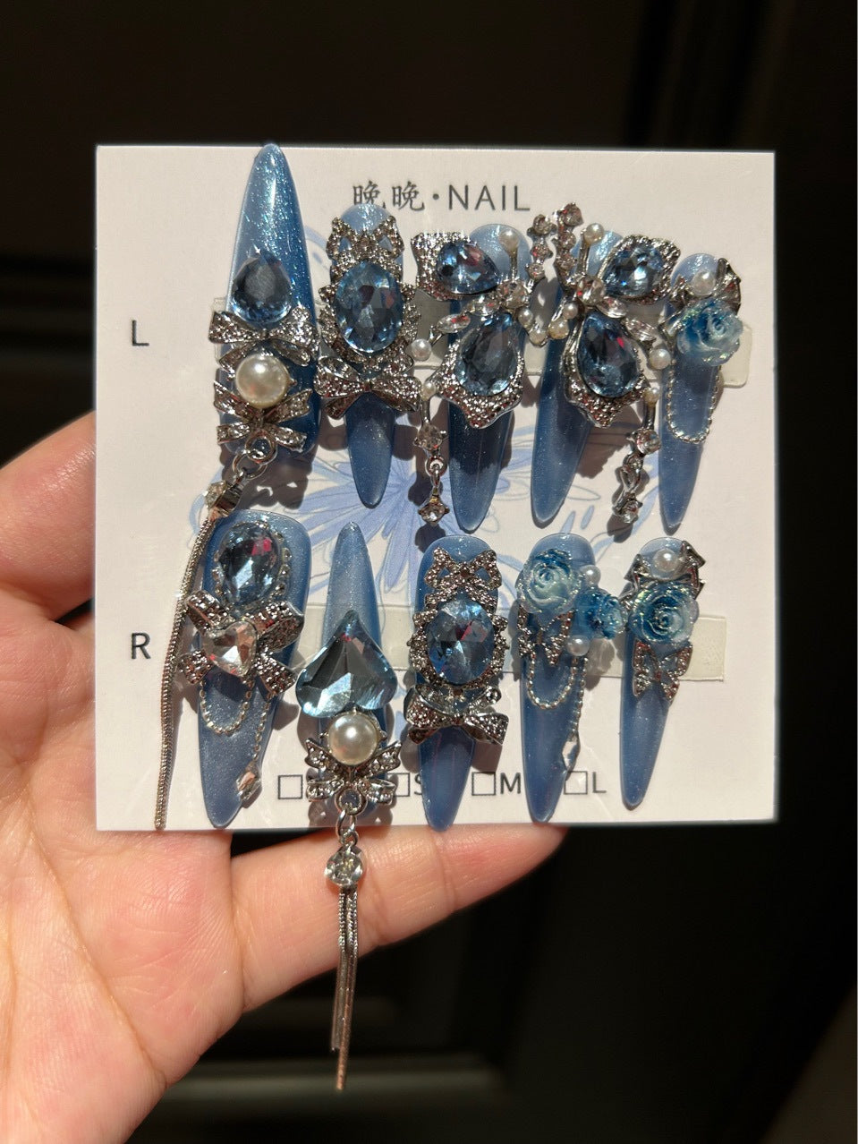 Handmade Sparkly Blue Rose Butterfly Long Stiletto Press On Nails with Blue Crystals & Chains