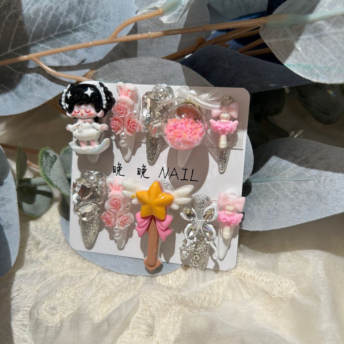 Handmade Kawaii Silver Glitter Long Stiletto Press On Nails with 3D Cartoon Doll, Magic Wand, Pink Roses & Floating Shaker Ball Charms