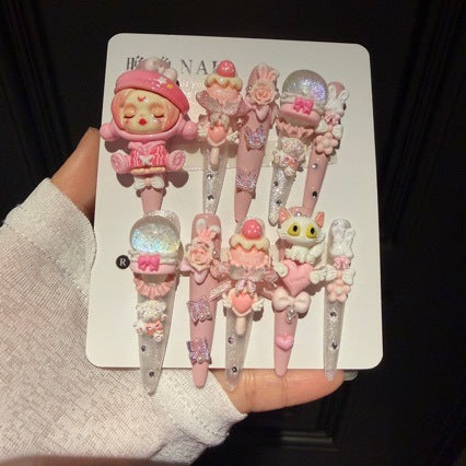 Handcrafted Luxury Kawaii Press-on Nails - Sweet Pink Theme with 3D Anime Figures, Bunnies and Bows