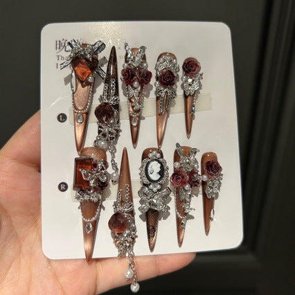 Handmade Vintage Rose Press On Nails | Luxury Heavy Industry 3D Flower & Gemstone Reusable Fake Nails, Dark Champagne Cat Eye Nail Art