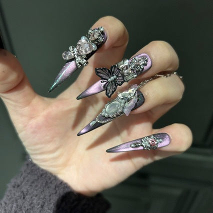 Handmade Purple Cat Eye Long Stiletto Press On Nails with Black Butterfly, Pink Crystal & Vintage Cameo Charms