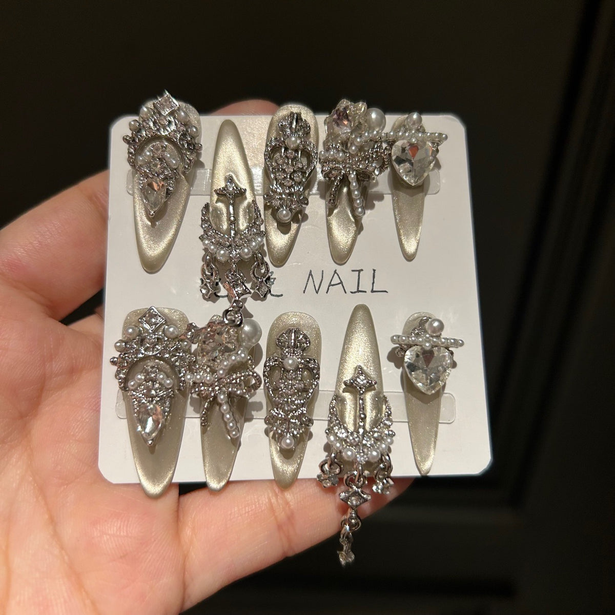 Handmade Champagne Gold Crown Long Stiletto Press On Nails with Pearls, Heart Crystals & Dangling Charms