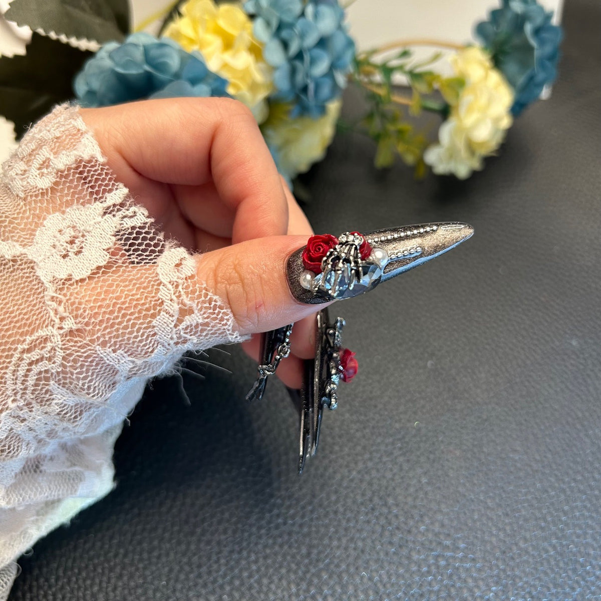 Handmade Metallic Black Long Stiletto Press On Nails with 3D Red Roses, Snake & Pearl Charms
