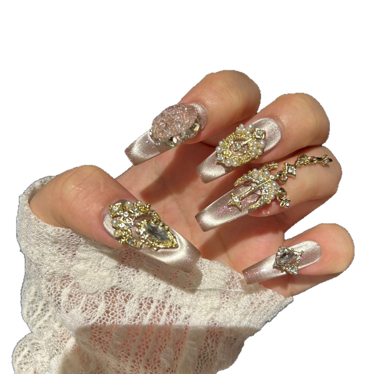 Handmade Nude Champagne Cat Eye Long Coffin Press On Nails with Gold Rhinestone Crown Charms & Pearls