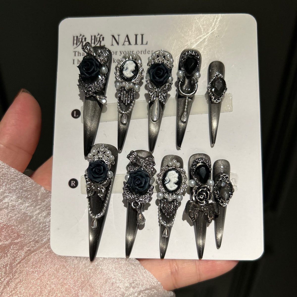 Handmade Gunmetal Metallic Long Stiletto Press On Nails with 3D Black Roses, Vintage Cameo Portrait Charms, Rhinestone Bows, Pearls & Crystal Drops