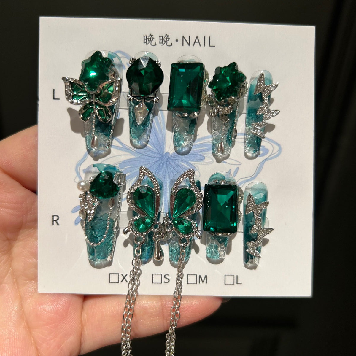 Handmade Teal Ink Wash Clear Long Stiletto Press On Nails with Giant Emerald Green Crystals, Green Butterfly Charms, Rhinestones & Long Dangling Silver Chains