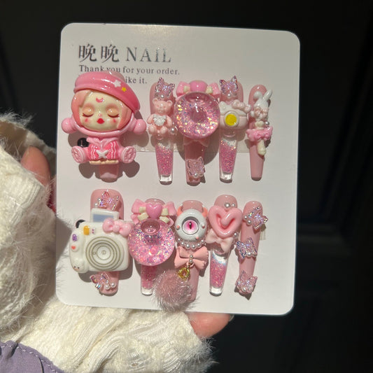 Handmade Pink Kawaii Press On Nails, Long Stiletto Weirdcore False Nails with 3D Sleeping Doll, Camera, Eyeball, Bunny & Bear Charms, Glitter Bubble Ball, Butterfly & Bow Rhinestones, Reusable Fake Nails for Cosplay & Party