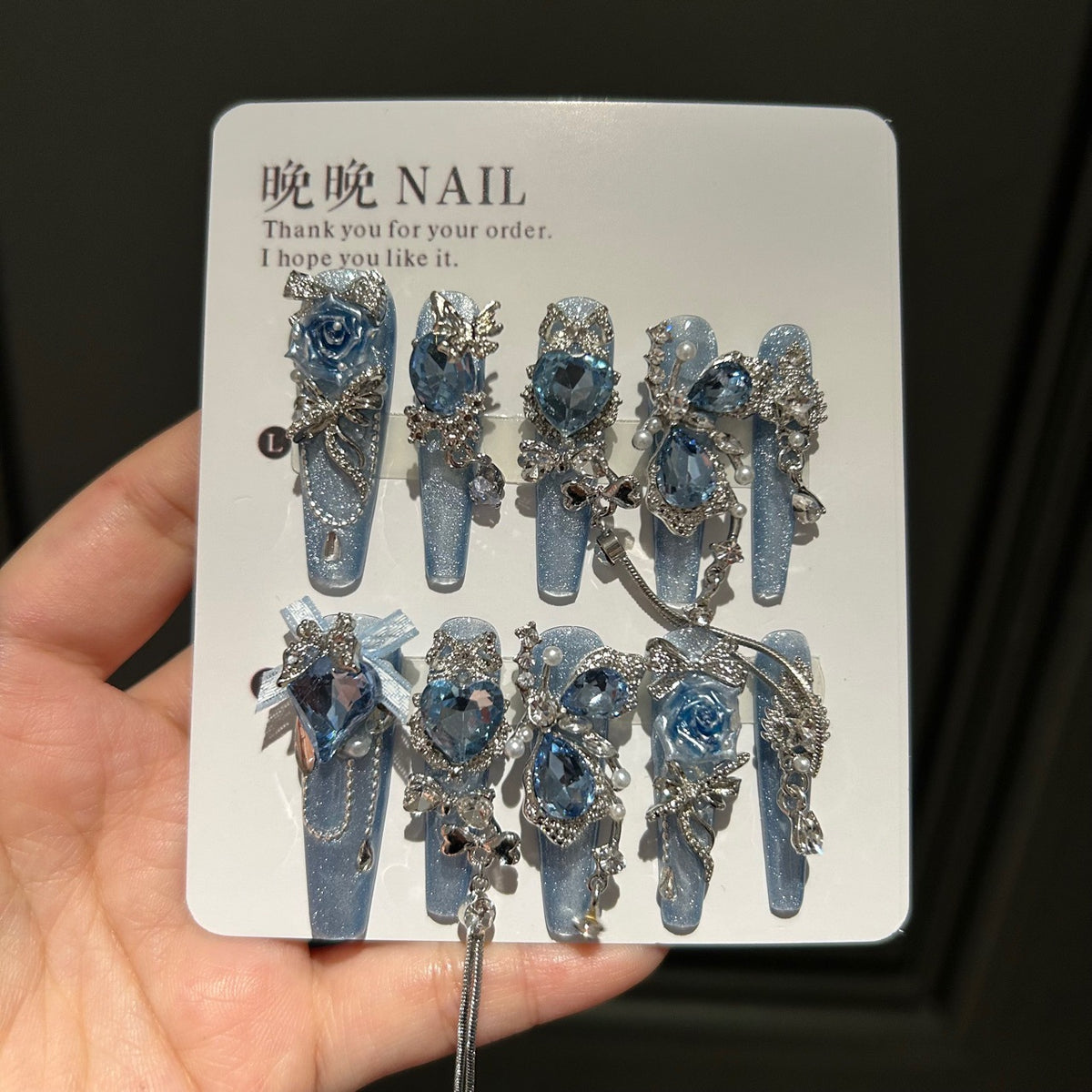 Handmade Blue Glitter Long Coffin Press On Nails with 3D Blue Roses, Large Blue Heart Crystals, Butterfly Charms, Pearls & Dangling Silver Chains