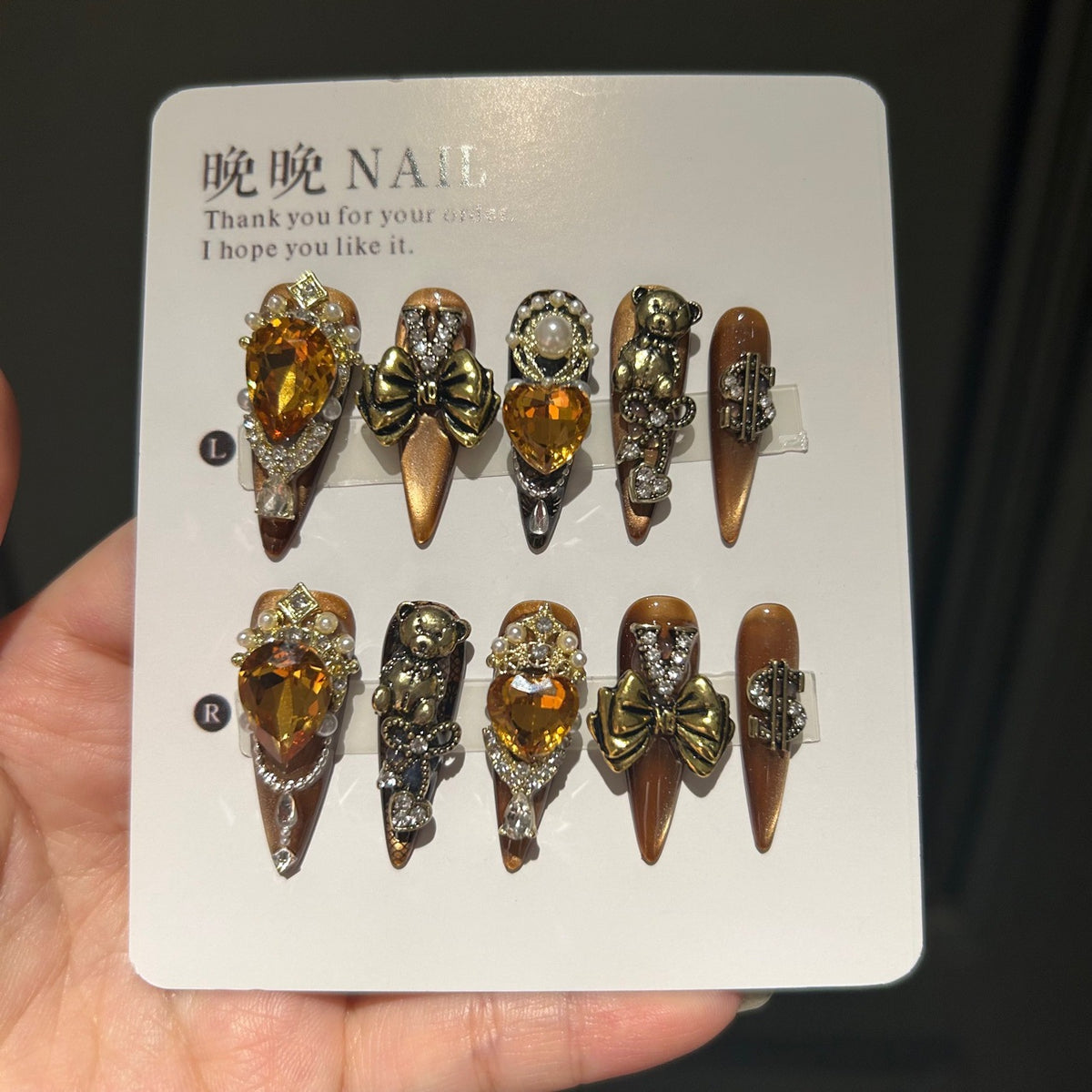 Handmade Bronze Metallic Long Stiletto Press On Nails with Amber Heart Crystals, Vintage Bear Charms, Antique Gold Bows, Lace Details & Pearls