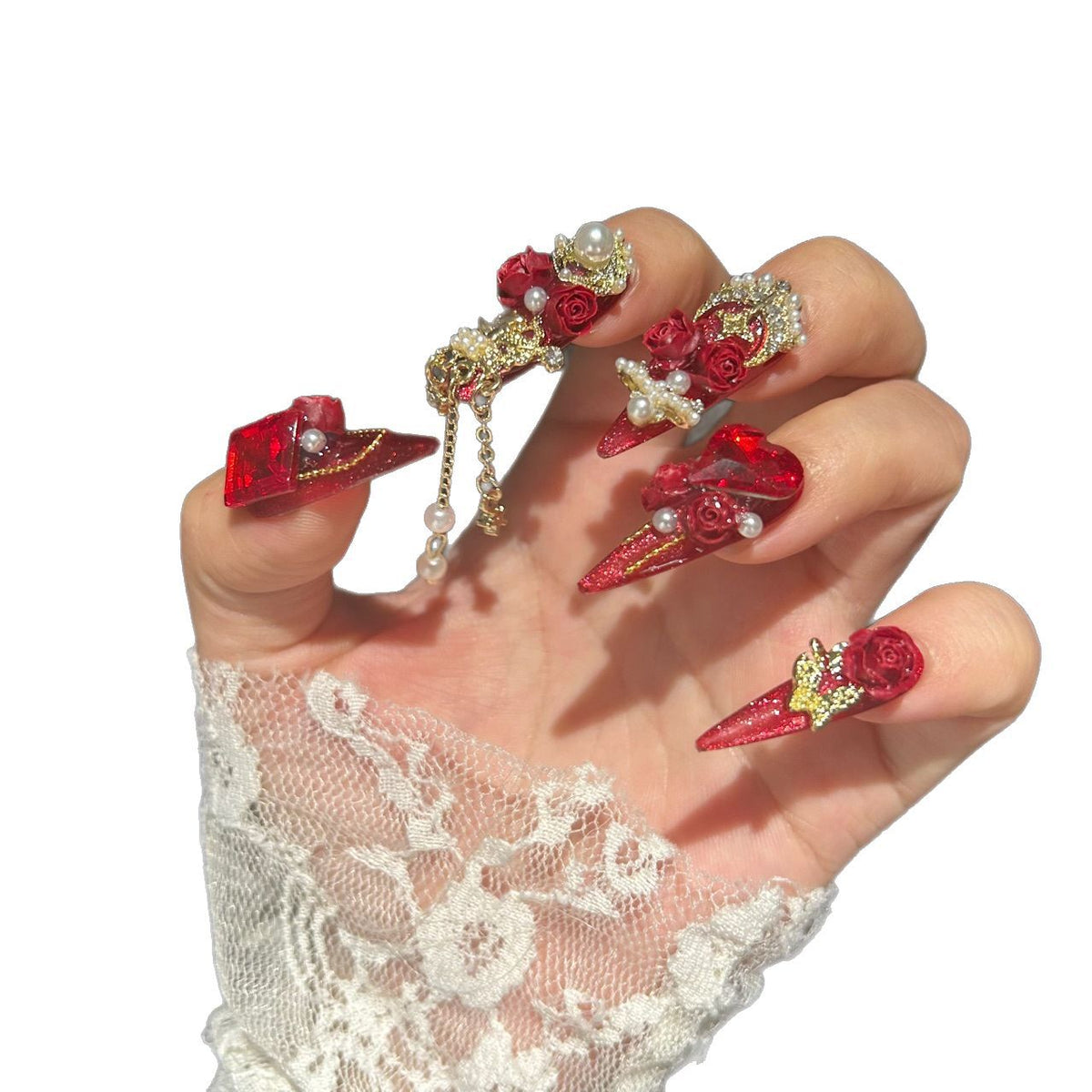 Handmade Red Glitter Long Stiletto Press On Nails with 3D Red Roses, Giant Red Heart Crystals, Gold Metal Accents & Pearl Chain Tassels
