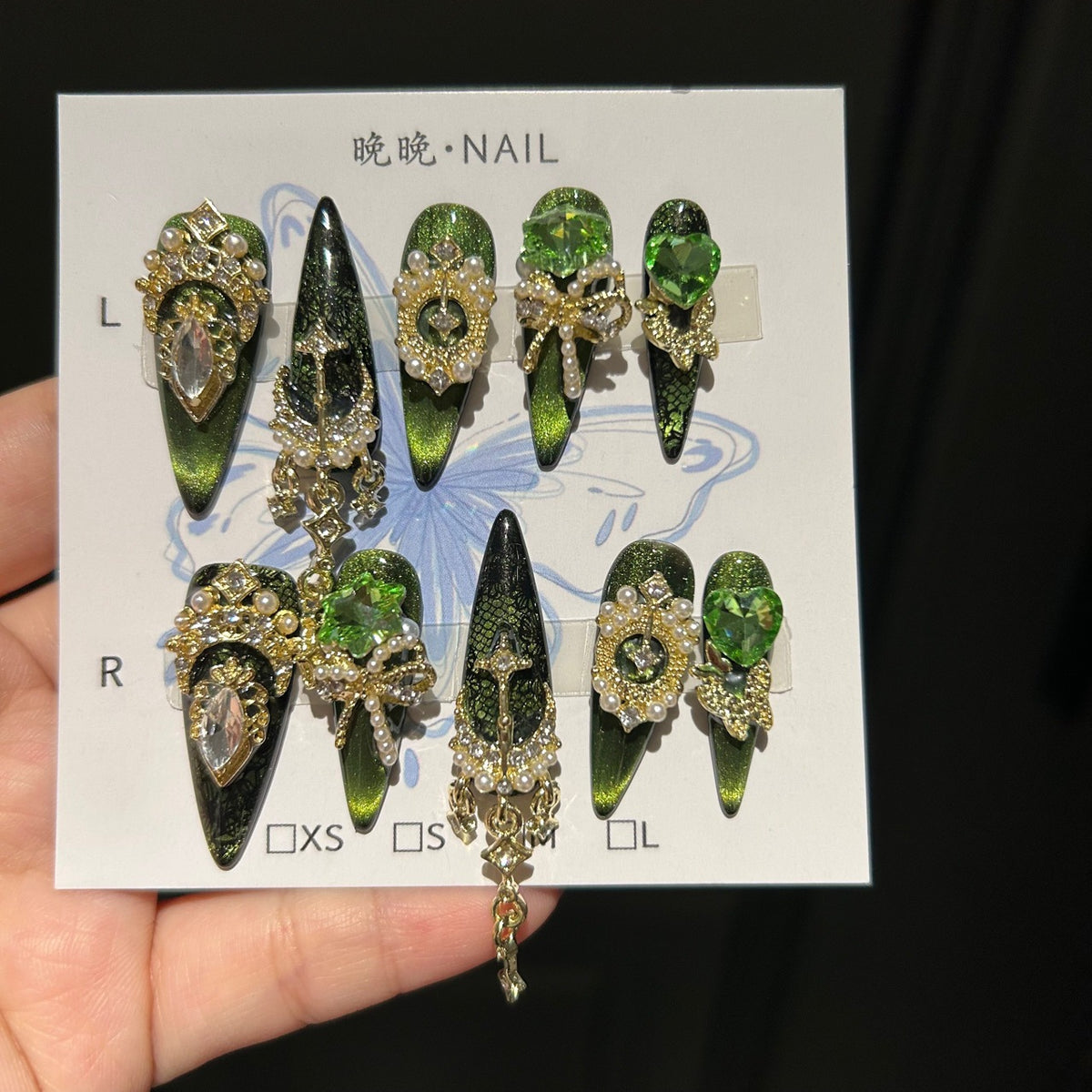 Handmade Emerald Green Cat Eye Long Stiletto Press On Nails with Giant Green Heart & Star Crystals, Gold Filigree & Pearl Ornaments