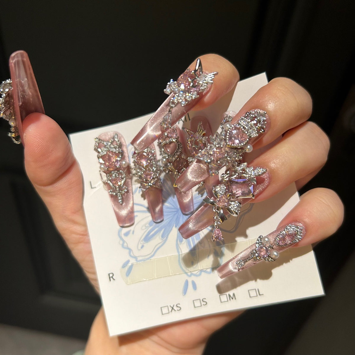 Handmade Pink Cat Eye Long Coffin Press On Nails with Large Pink Heart Crystals, Silver Rhinestone Crown & Butterfly Charms, Pearl Accents
